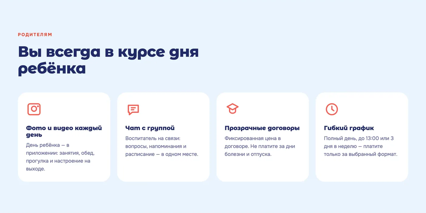 Блок «Родителям» сайта «Тыковка»: четыре белые карточки с иконками